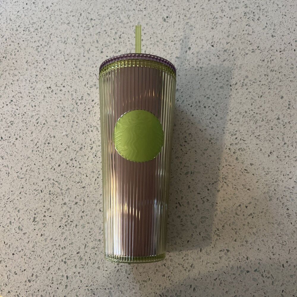 Starbucks 2025 Neon Transparent Lime Lilac Pleated Striped Venti Tumbler 24 NEW